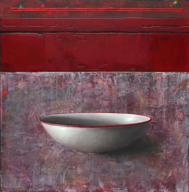 Michael Lauterjung Grosse helle Schale mit rotem Rand 2011 Mischtechnik auf Holz 122 x 122 cm
