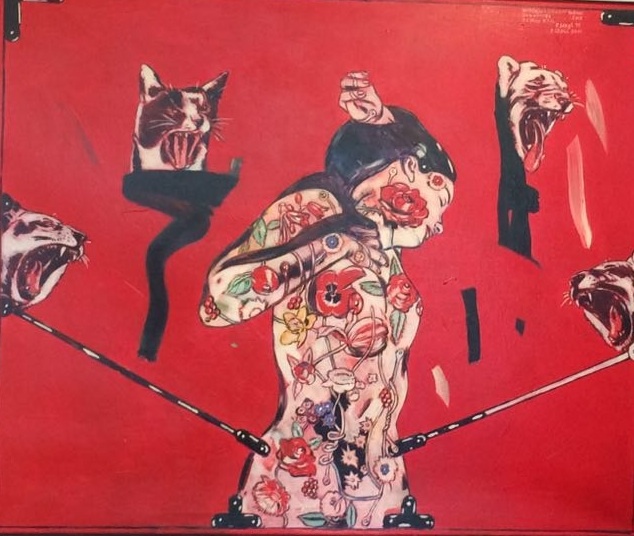 Peter Sengl: Katzenquartett findet tattoos zum Gähnen, 2011, Acryl auf Leinwand, 120 x 100 cm