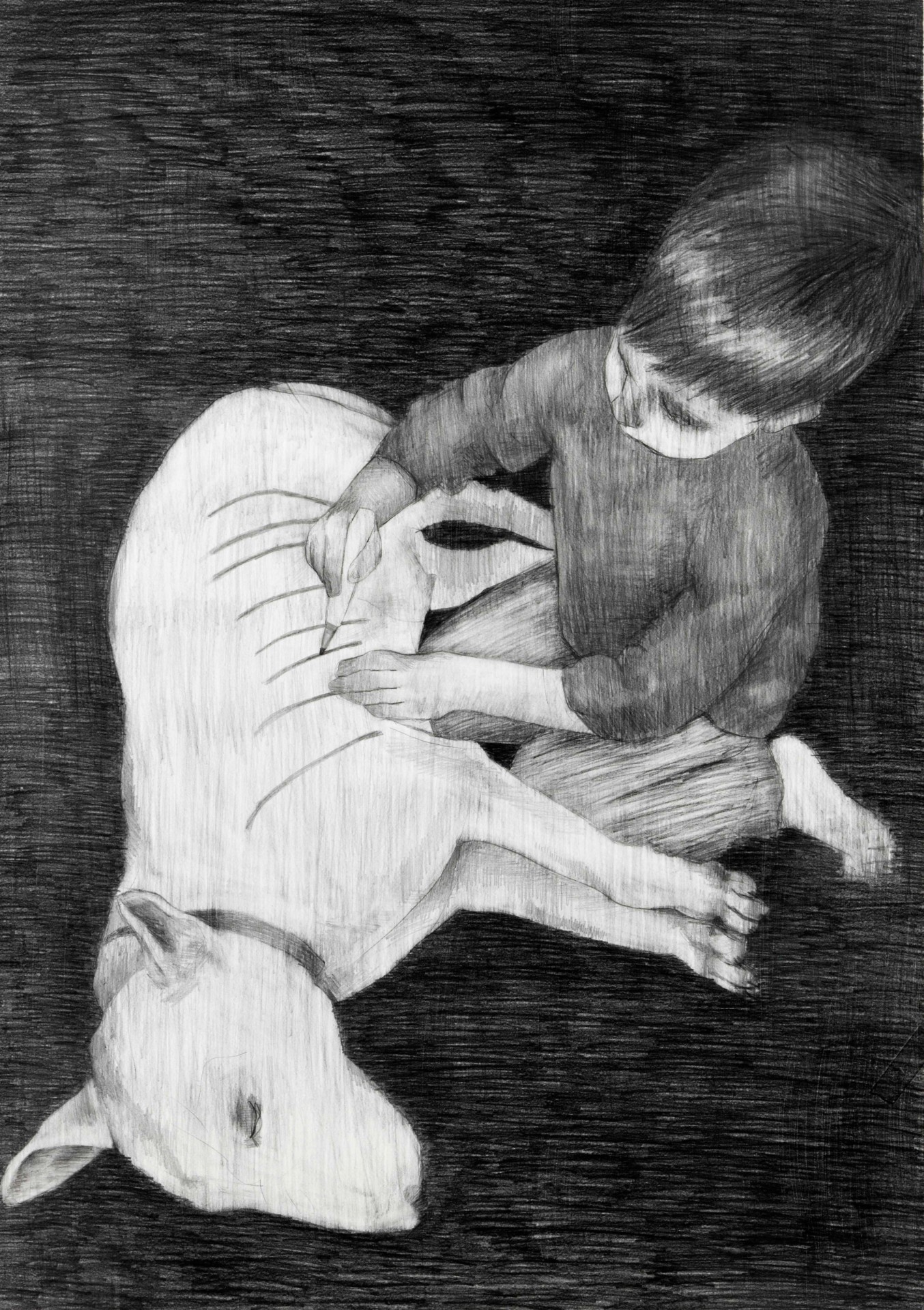 Simone HaackJunge mit Hund 2013 100 x 70 cm Bleistift auf Papier