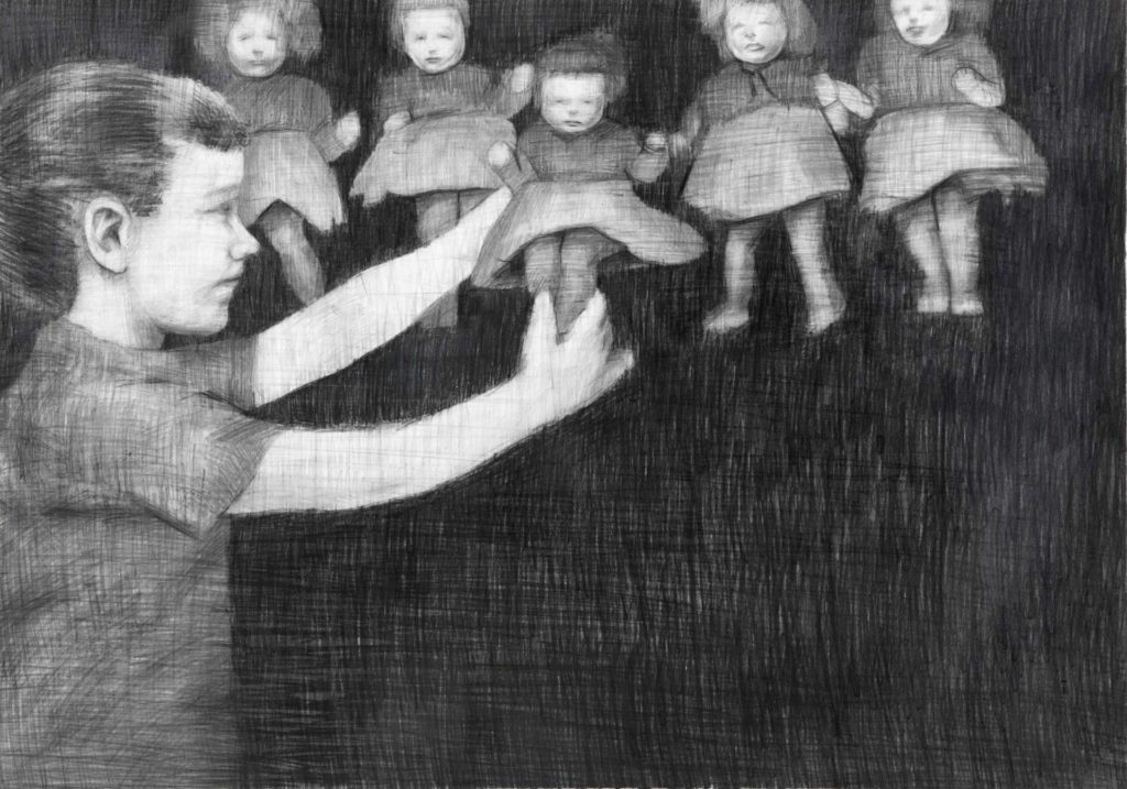 Simone HaackMädchen mit Puppen 2012 60 x 85 cm Bleistift auf Papier