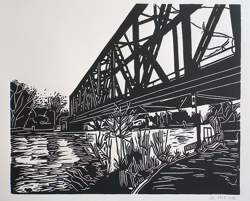 jakob kirchheim Schwielowsee Brücke 2020 25 x 30 cm Linoldruck Papier