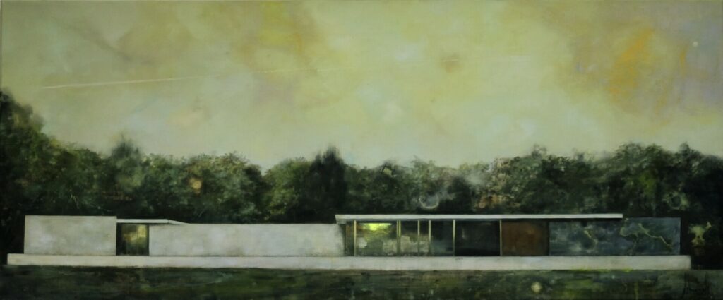 carola schapals pavillon beneath the yellow tinged sky 2021 oel auf leinwand 50x120 cm