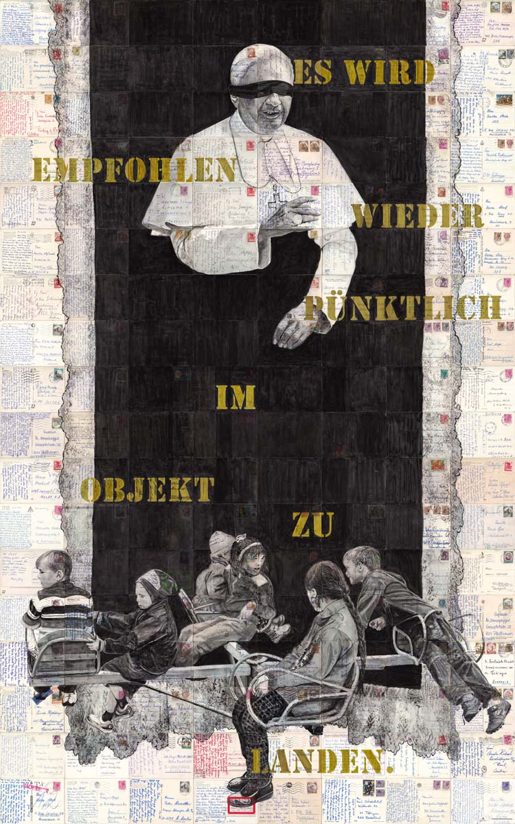 ROLAND STRATMANN Die Empfehlung, 2020, Zeichentusche auf gel. Postkarten, 191 x 123 cm