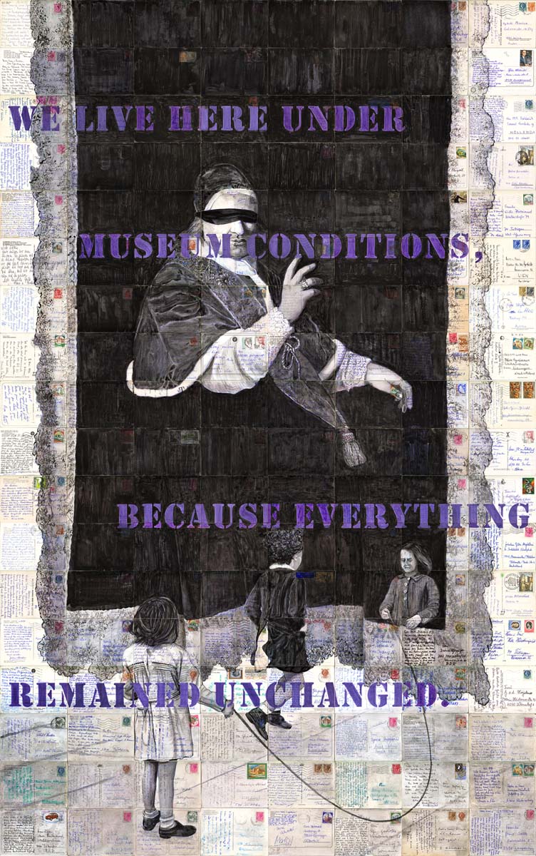 ROLAND STRATMANN Unchanged, 2020, Zeichentusche auf gel.Postkarten, 191 x 123 cm
