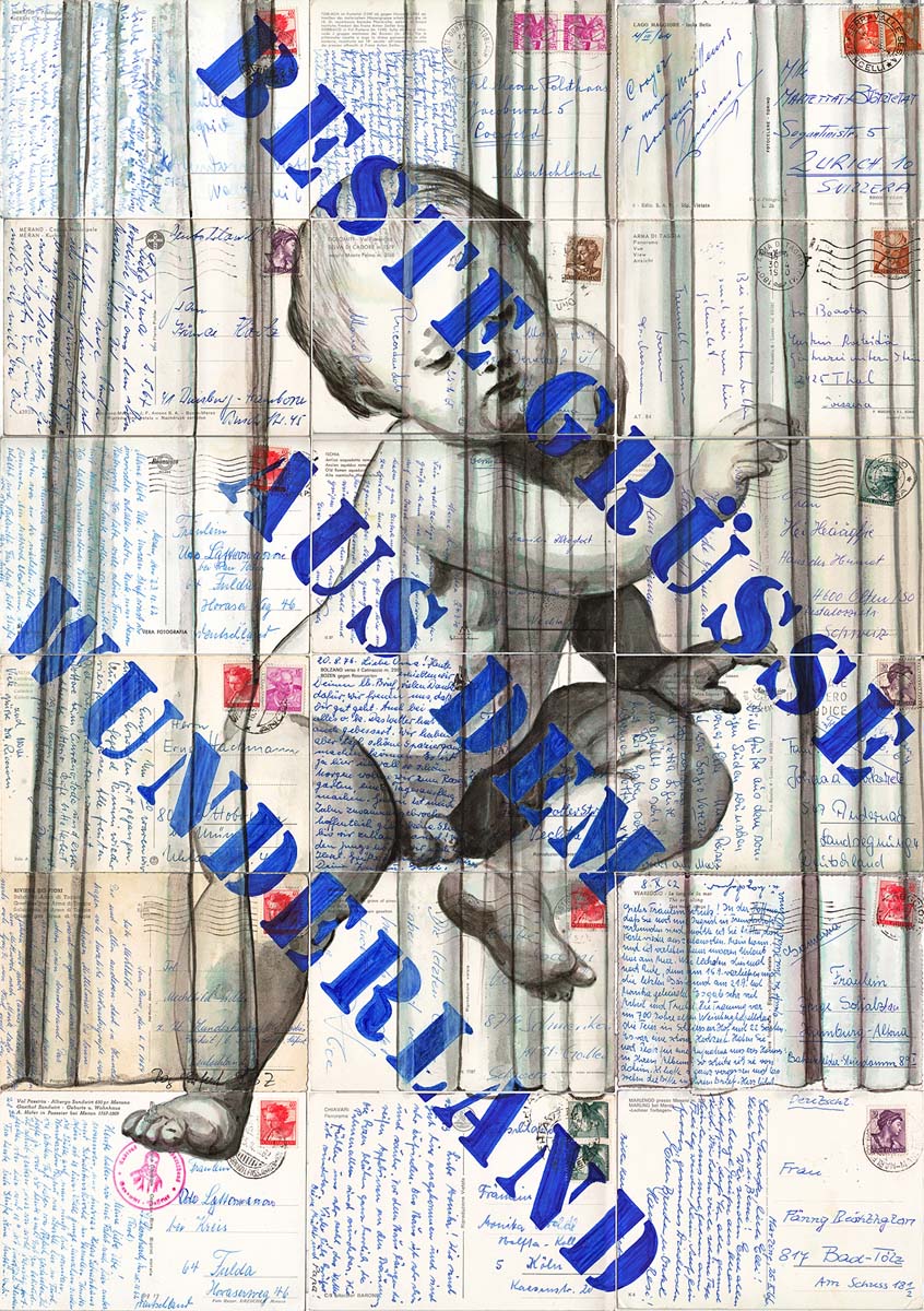 ROLAND STRATMANN Wunderland, 2020, Zeichentusche auf gel. Postkarten, 63 x 45 cm