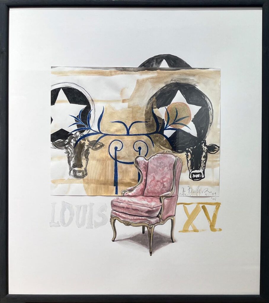 ANDREAS AMRHEIN Louis XV rosa Sessel 2025 uebermalte Papierarbeot 24 x 32 cm