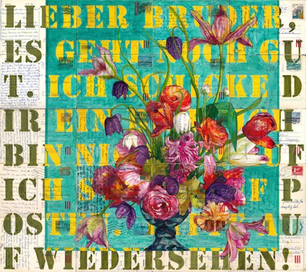 ROLAND STRATMANN Gebinde VI 2024 Zeichentusche auf 20 gel. Postkarten aus Ungarn 53 x 60 cm